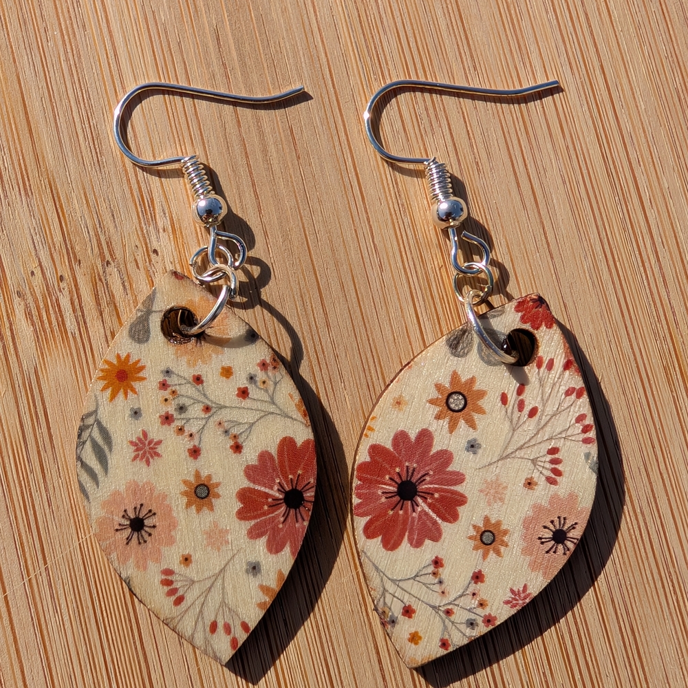 Cream and Red Floral Earrings with Teardrop Design